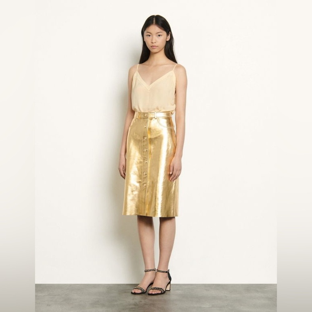 Sandro Gold Button-Front Pencil Skirt
